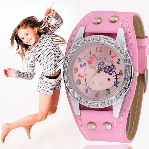 

watch kids girls cartoon pink children wrist watches cute kitten fashion cat school kids leather dress clock 2019 new girls gift, Blue