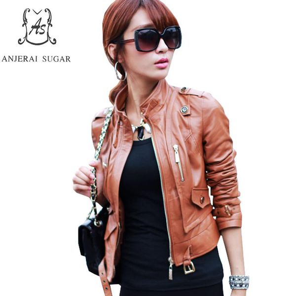 

spring new sheepskin genuine leather jacket women casual motorcycle brown slim zipper office female short jackets coat, Black
