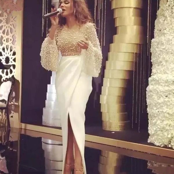 

nude muslim evening dresses 2019 mermaid long sleeves crew slit pearls bodice islamic dubai saudi arabic long evening gown prom dresses, Black;red