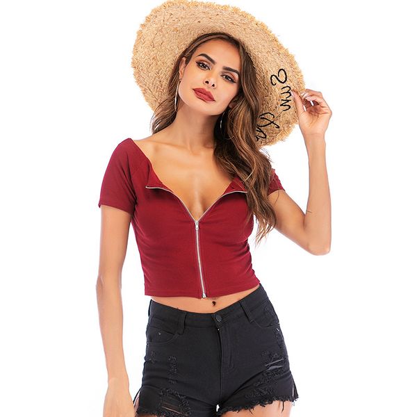 

uguest women streetwear футболки o-образным вырезом с коротким топом сексуальная сплошная красная футболка на молнии с коротким рукавом тонк, White