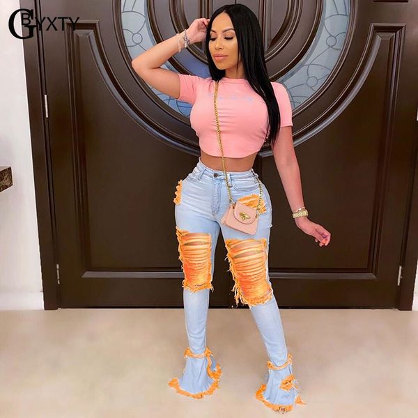 

women's jeans gbyxty fashion ripped holes hollow out foot cut streetwear woemn ruffles skinny denim flare pants femme bell bottoms zl81, Blue