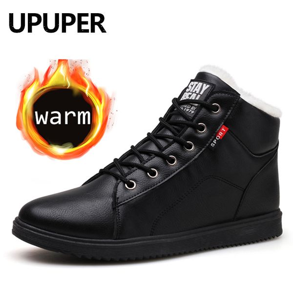 

upuper 2020 men's winter shoes leather ankle boots for men winter sneakers with fur plush warm shoes men footwears casual flats, Black