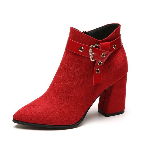 

autumn winter fashion women buckle ankle boots casual faux suede pointed toe thick high heels party shoes woman, Black