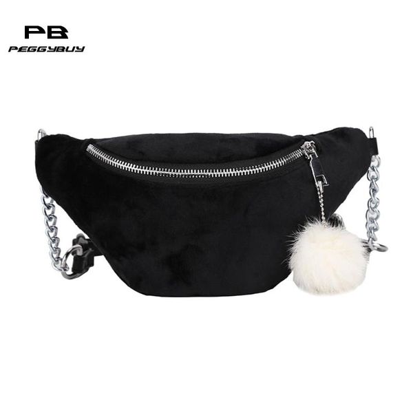 

travel fanny pack for women fleece banana bag casual chain belt bag pochete feminina crossbody bags with plush ball bolsas purse