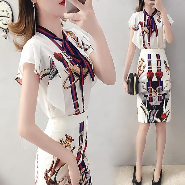 

summer runway designer suit set women's short flare sleeve shirts blouse vintage print and slim skirt suits set ns958, White
