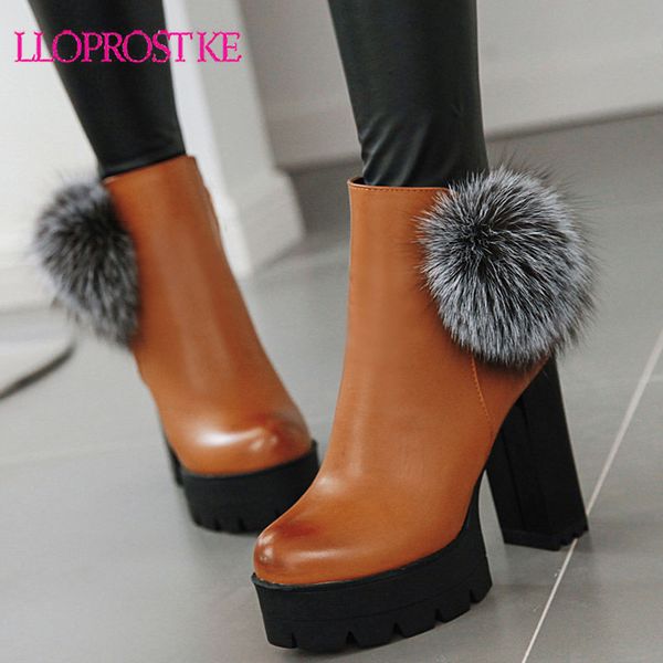 

lloprost ke high heels thick boots women platform ankle boot female fur shoes ladies round toe shoes winter 2020 new big size, Black