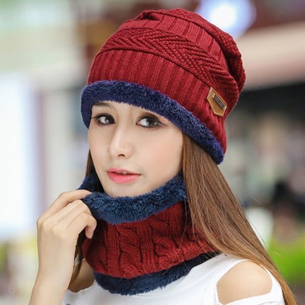 

2019 winter solid beanie soft warm knitted cap women gorro cuffed hat for women head cap outdoors ride a bike set wool hats