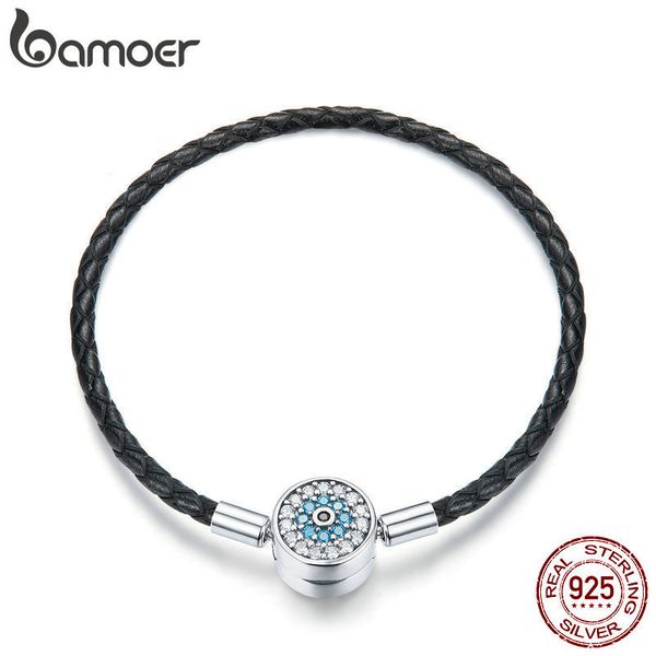 

bamoer authentic 925 sterling silver blue eyes leather bracelets for women bracelets bangles sterling silver jewelry scb113, Golden;silver
