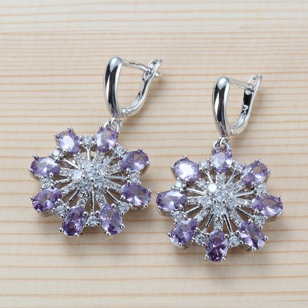 

свадебные ювелирные изделия 925 природные фиолетовый кристалл cz серьги для женщин аксессуары для новобрачных, Silver