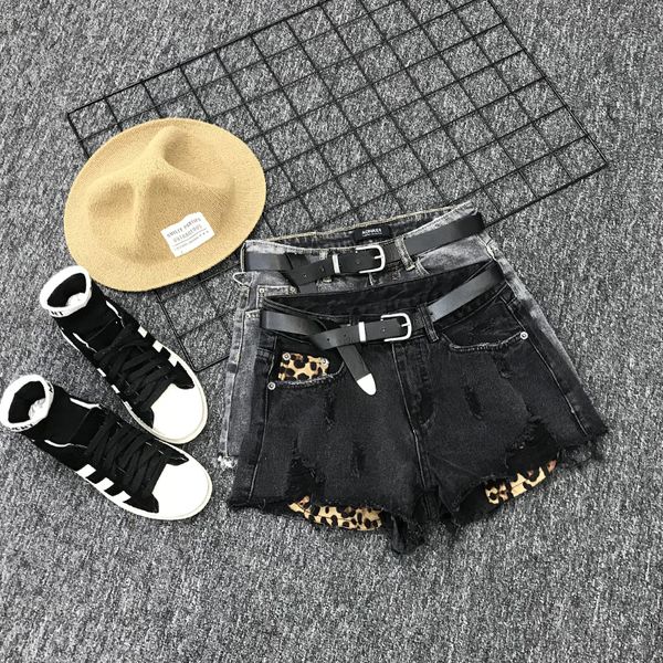 

2020 summer beach shorts trousers short jeans women high waist loose f leopard denim hole female slim fit shorts, Blue