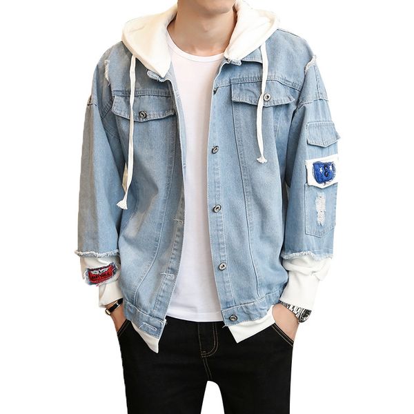 

new fashion men denim jacket coat men's handsome fake two-piece casual shirt jacket hip hop cowboy outwear, Black;brown