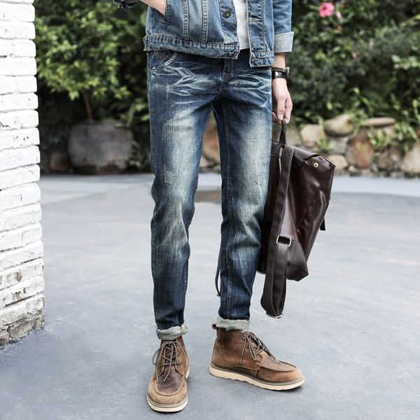 

2019 men's trendy distressed jeans retro nostalgic straight tube jeans autumn and winter casual slim pants locomotive, Blue