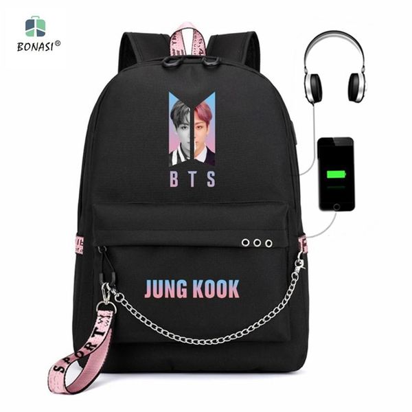 

usb charging travel kpop bts jung kook fans nylon women backpack girls boys rucksacks men student school bag mochila q190416