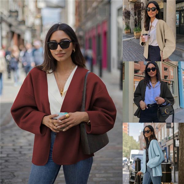 

женщины сплошной цвет осень верхняя одежда свободная шея с длинным рукавом дизайнер одежды женщина свободного покроя стежка, Black;brown