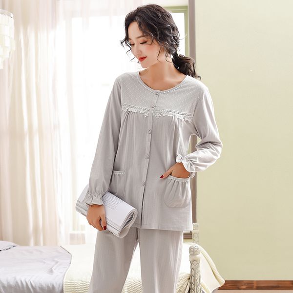 

lace stitching pajama sets female modal cotton home clothes long sleeve round neck cardigan pyjamas -3xl pijamas de mujer, Blue;gray