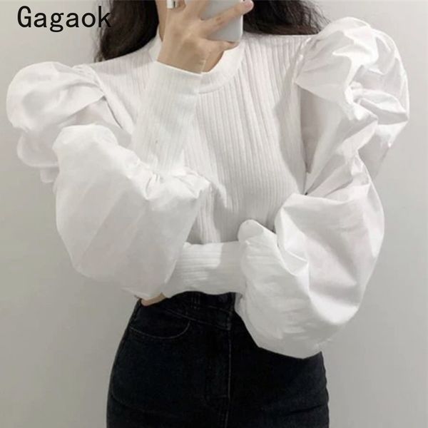 

gagaok office lady solid blouse 2020 spring autumn new o-neck lantern sleeve slim knitted chic simple wild female fashion shirt, White