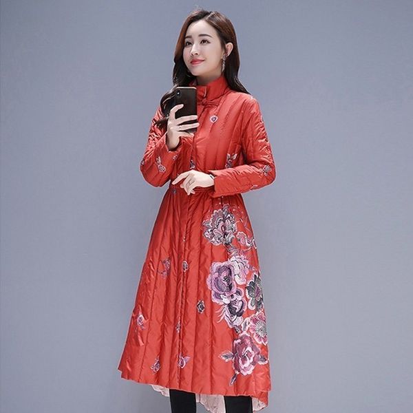 

women's down & parkas elegant skirt chinese style printed winter thick warm outwear coats medium length stand collar slim female plus s, Black