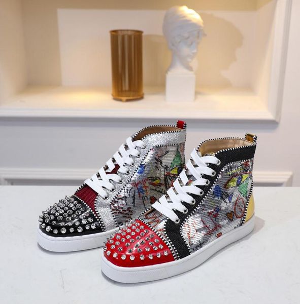 

мужская горячие продажи высокие кроссовки red bottom шипастое открытый flats обувь щепка блестки и блеск граффити свадьба люкс обувь size35, Black