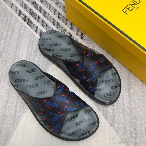 

fashion luxury slippers summer letter pattern genuine leather sandal luxury men casual shoes slides flip flop size 38-45, Black