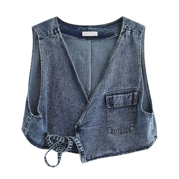 

women's vests spring solid color artistic fashion retro personality loose irregular thin belt denim short v-neck vest outer female, Black;white