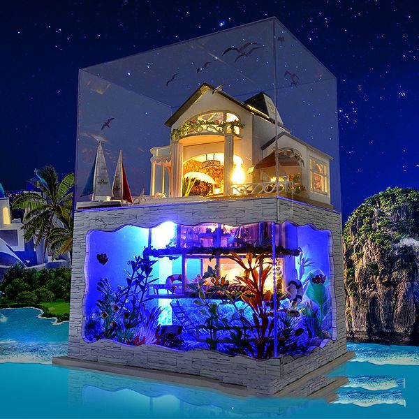 

diy model building toys, hawaiian style wooden building block, floating villas on the sea, for party kid' birthday gift, collect, decor