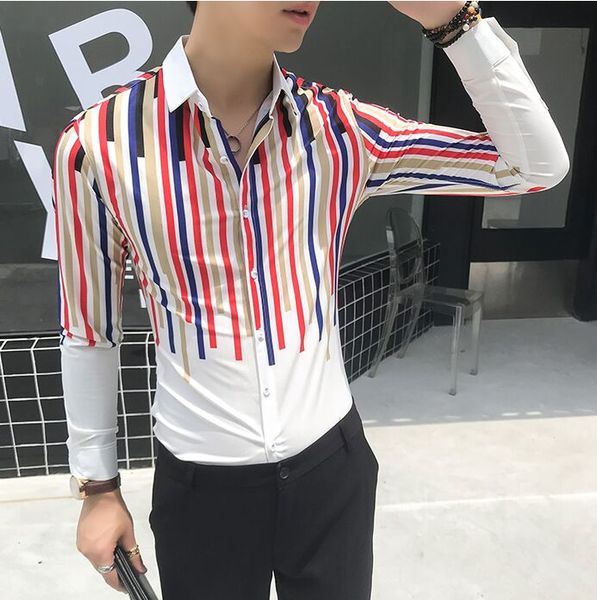 

new non-mainstream men's clothing male fashion hairstylist personality stripes long sleeved shirts man night club, White;black
