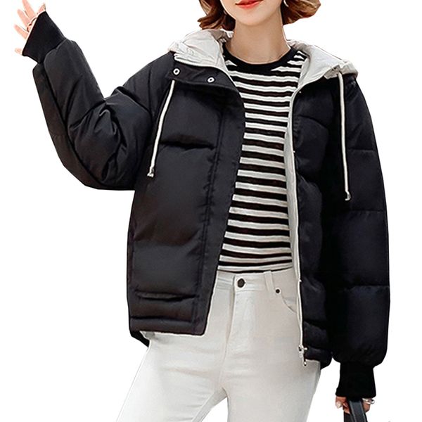 

sovalro winter women causal down jacket hooded drawstring long sleeves female cotton outerwear zipper pockets female loose coat, Black