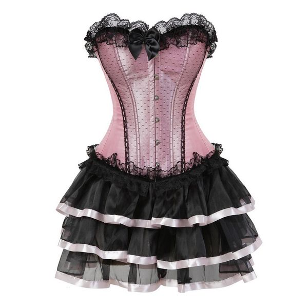 

women burlesque corset skirt set of ruffle lace trim overbust corset with tiered mini skirt plus size s-6xl cosplay costume dress outfit, Black;white