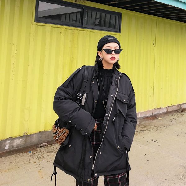 

chaobai cuff tie, vertical collar zipper, thicker cotton bf loose street winter coat parkas, Black