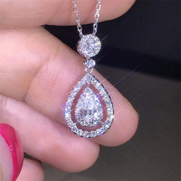 New Victoria Sparkling Luxury Jewelry 925 Sterling SilverRose Gold Fill Drop Water White Topaz Pera CZ Diamond Women Collana a catena con ciondolo