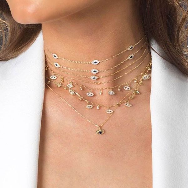 

2020 new evil eye round cz silver gold color charm choker guardian lucky eye cz chain pendant necklaces for women jewelry, Golden;silver