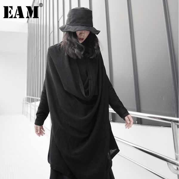 

eam] женщины черный асимметричный большой размер вязание футболка новый нерегулярный воротник с длинным рукавом мода весна осень 2020 1s253, White