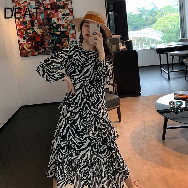

deat] women printed hit color pleated dress new round neck long sleeve loose fit fashion tide spring autumn 2020 13p120, Black;gray