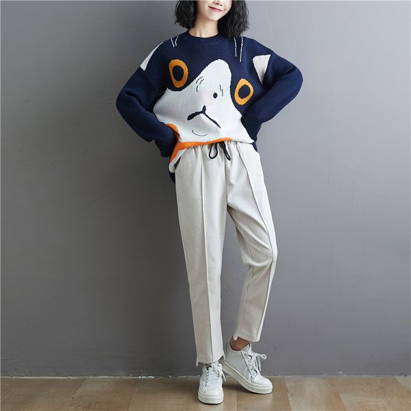 

beige with embroidery harlan elastic waist big yards long leisure trousers, Blue