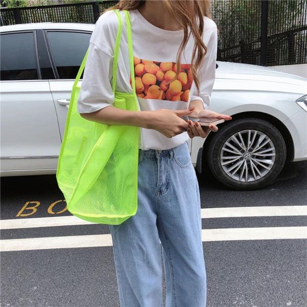 

clear mesh shoulder bag women beach bag large high capacity shopping brand casual handbags light canvas travel tote