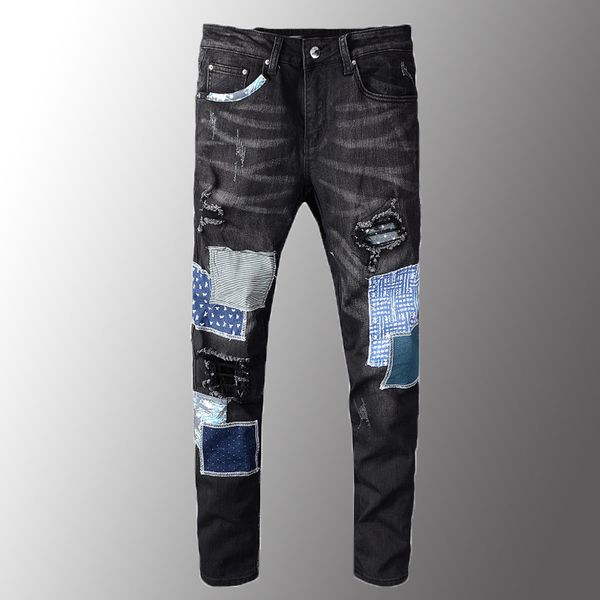 

mens luxury men's black patchwork ripped jeans streetwear patch design stretch denim pants slim skinny trousers, Blue