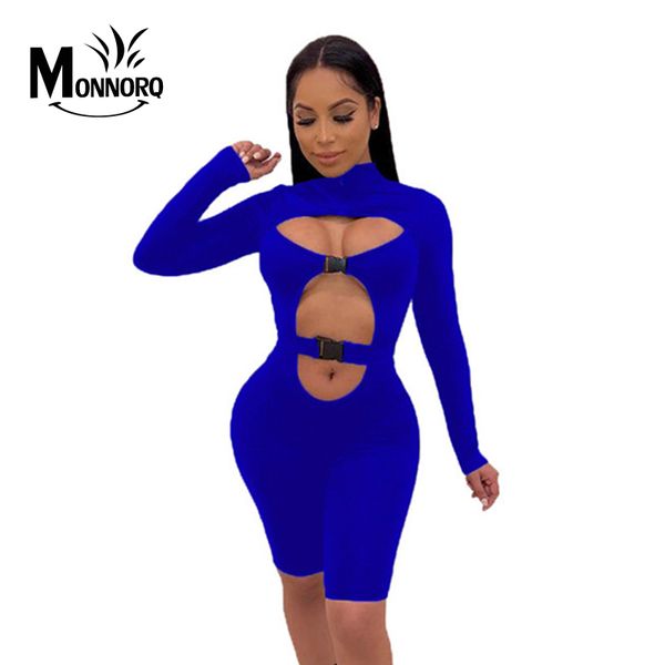 

solid hollow out buckle cycling jumpsuit zipper mock neck long sleeve women romper night club playsuits tracksuit, Black;white