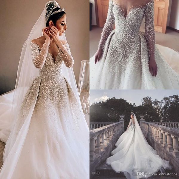 

luxury full pearl бисера a-линии свадебные платья с съемные поезд vintage длинные рукава saudi arabic плюс размер свадебные платья, White