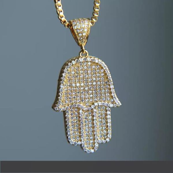 

new hip hop bling box chain 24" women men couple gold silver color iced out hamsa hand pendant necklace with cz