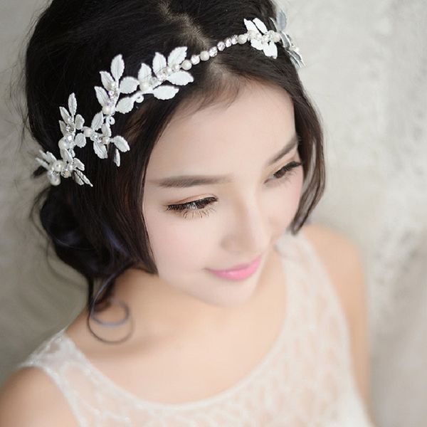 

fashion hair jewelry for women girls white pearl leaf headband hair stick bride tiaras headpiece wedding accessories sl, Golden;silver
