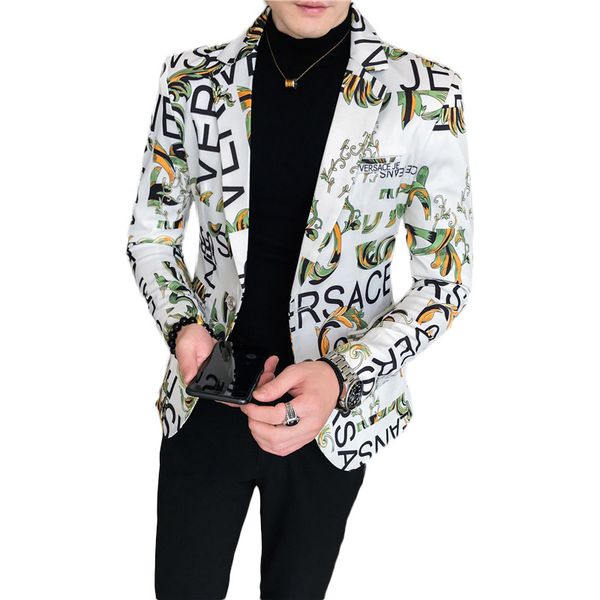 

new men blazer luxury flowers allover printing prom suit blazers single button party male nightclub slim fit wedding suit jacket, White;black