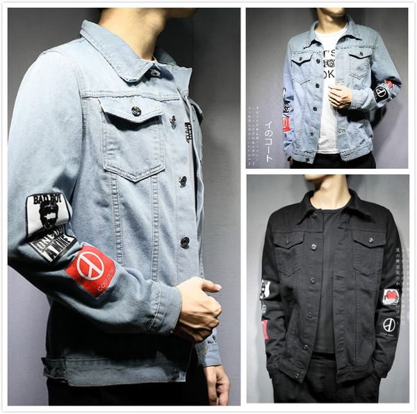 

men's jeans spring autumn new european code fashion men's printing hole denim jackets tide brand armband print jacket, Black;brown