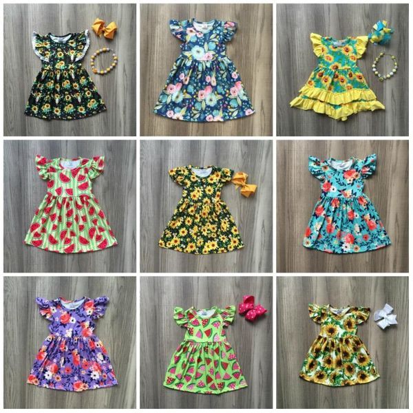 

summer baby girls children clothes milk silk cotton short sleeve sunflower floral watermelon cow knee length match accessories, White