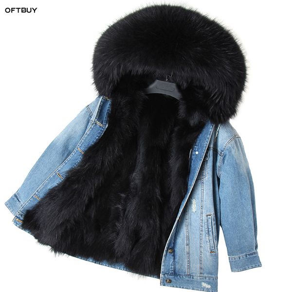 

real 2021 fur jacket oftbuy real women coat parka denim raccoon collar fur liner bomber winter streetwear jacket ins fashion ouotn, Black