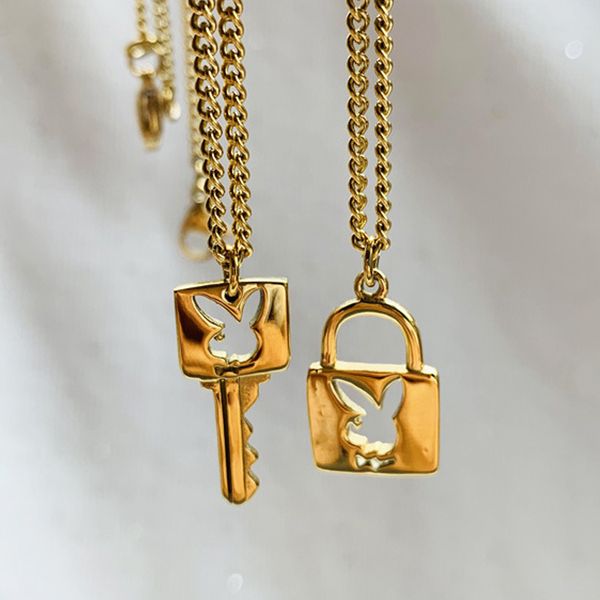 

ins necklace stainless steel gold lock key choker women pendant necklaces gothic girls lovers collares, Silver