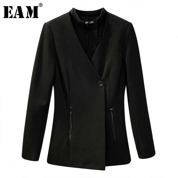 

eam] women hollow out buckle black blazer new v-neck long sleeve loose fit jacket fashion tide spring autumn 2020 1u466, White;black