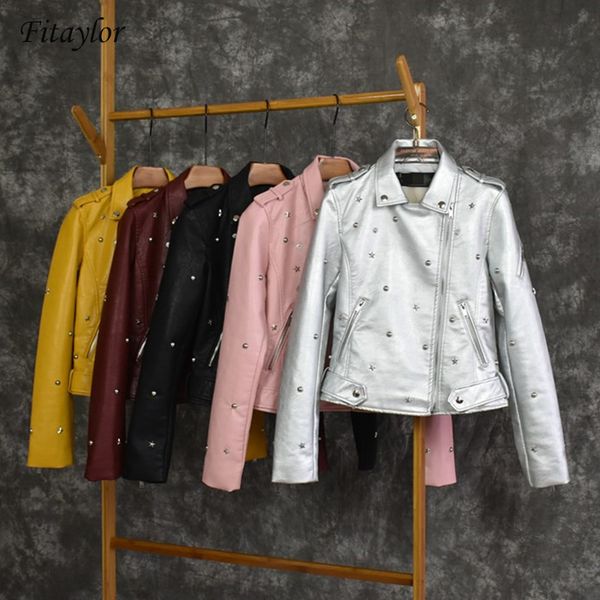 

fitaylor motorcycle leather jacket women faux leather jackets outwear slim embroidery biker coat rivet street outwear, Black