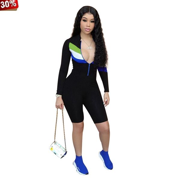 

new romper 2019 women summer zipper up long sleeve patchwork skinny bodycon knee length jumpsuit biker sporty rompers playsuit, Black;white