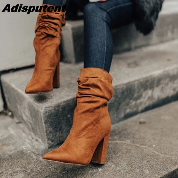 

2019 ankle boots for women slim stretch pointed toe sock boots square high heel shoes woman fashion bota feminina, Black