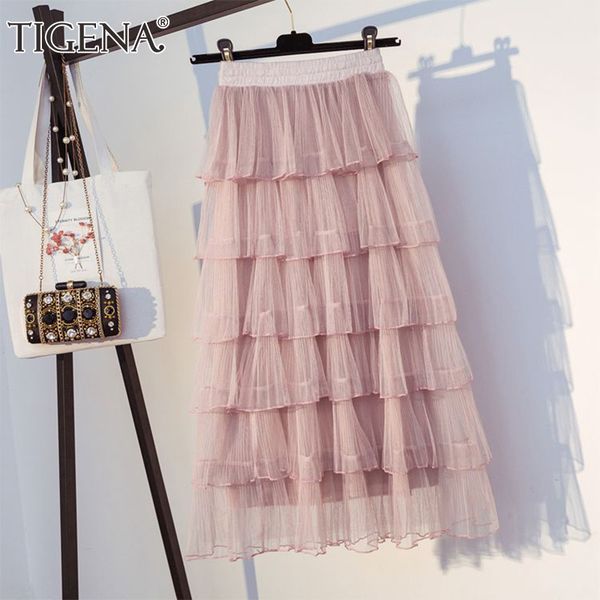 

tigena layers maxi tutu tulle skirt women fashion 2019 summer korean high waist long pleated mesh skirt female ladies black pink